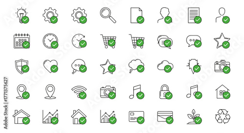 Collection of outline icons with green checkmarks, representing various elements like business, technology, lifestyle, and communication, perfect for infographics, articles, books, flyers, and
