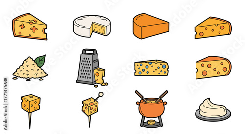 Collection of cheese icons and illustrations, including wedges, rounds, grated cheese, cheese fondue, and cheese cubes on skewers, presented as a vector cartoon set with a black background, perfect