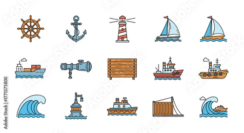 A vibrant collection of nautical-themed vector icons, featuring a ship's wheel, anchor, lighthouse, sailboats, cargo ship, spyglass, wooden pier, tugboats, shipping container, and ocean waves