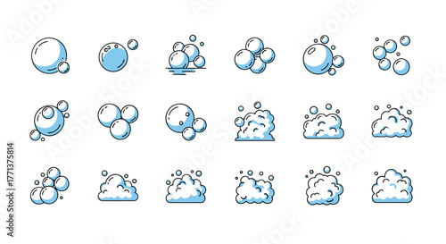 A collection of minimalistic thin line icons representing bubbles and foam, perfect for web design, graphic design, apps, banners, social networks, and cards. This vector cartoon illustration