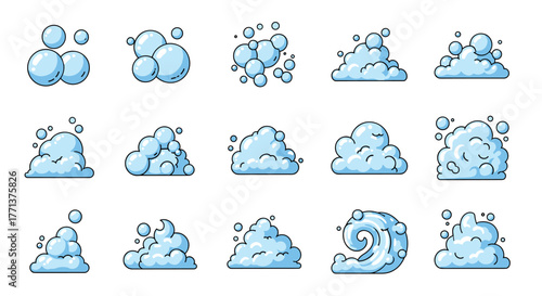 Collection of cartoon bubble and foam icons, perfect for web, books, cards, and apps. This ordered set features various bubbly and foamy shapes in a clean vector illustration style, ideal for adding