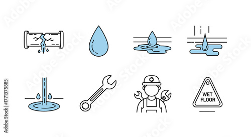 Set of simple outline icons representing plumbing issues and solutions, including a cracked pipe with dripping water, a single water drop, a puddle, a burst pipe, a plumber's wrench, a plumber
