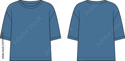 Oversized t shirt mockup front and back view flat sketch, blue tshirt vector template, apparel fashion design CAD drawing, short sleeve streetwear illustration