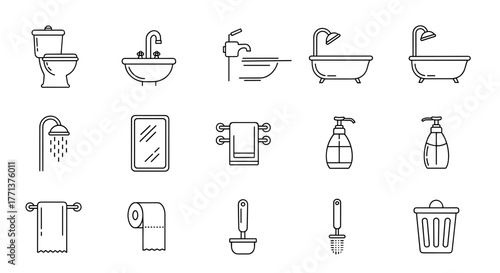 A comprehensive collection of thin line icons representing essential bathroom and toilet fixtures, perfect for graphic design, web development, app interfaces, advertising materials, and various card