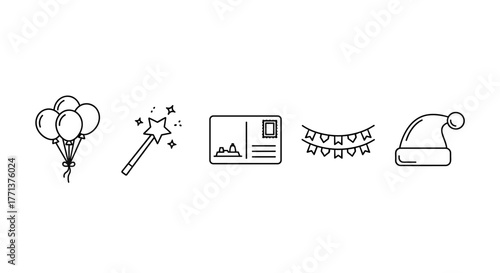 Set of holiday thin line icons including balloons, magic wands, postcards, garlands, and holiday hats, perfect for banners, cards, social networks, and app designs, with editable strokes for