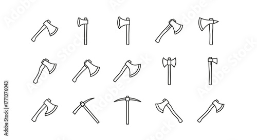 Axe Line Icon Pack: A collection of minimalistic linear pictograms representing various axe types, perfect for web and graphic design, apps, banners, social networks, and cards. This vector cartoon