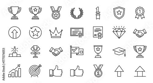 Collection of winning icons and award symbols, including trophy cups, winner medals, laurel wreaths, certificates, crowns, diamonds, handshake, graduation cap, podium, target, thumbs up, and growth