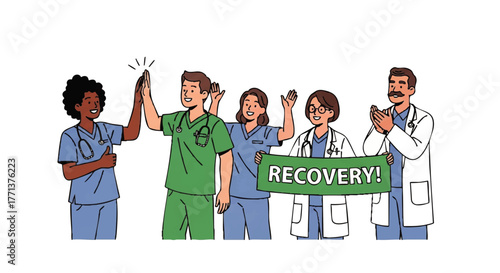 Illustration of diverse medical professionals celebrating recovery with a sign and gestures on a white background with a hopeful mood.