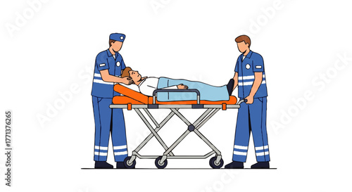 Two paramedics in blue uniforms pushing a stretcher with a patient on it across a white background in a graphic illustration.