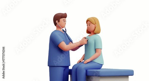 A male doctor in blue scrubs examining a female patient sitting on a blue medical examination table with a stethoscope in a clinical setting.