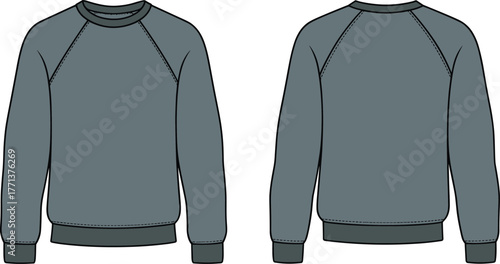 Raglan sleeve sweatshirt CAD flat fashion vector, front and back view, editable garment template, technical apparel design, stitching illustration