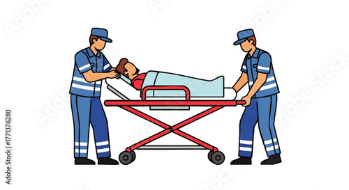 Two paramedics in blue uniforms pushing a stretcher with a patient covered by a blue sheet across a white background.