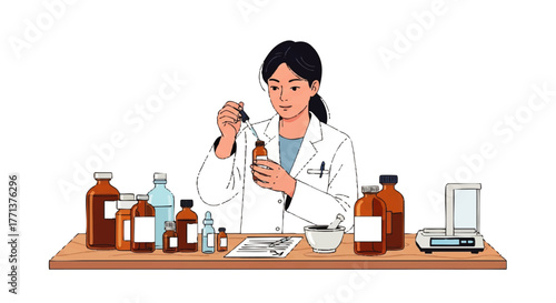 A female scientist in a white lab coat carefully examines a brown bottle with a dropper on a wooden laboratory table with various bottles and equipment.