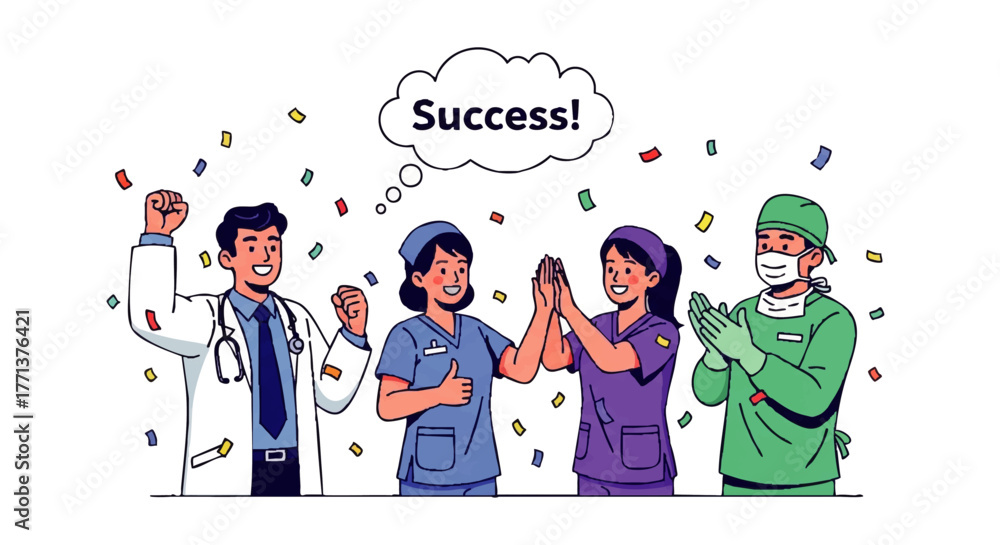 Fototapeta premium Cartoon illustration of medical professionals celebrating success with confetti and a speech bubble on a white background.