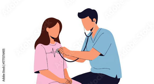 A doctor using a stethoscope to examine a patient in a simple, illustrative style with a clean white background and a calm mood.