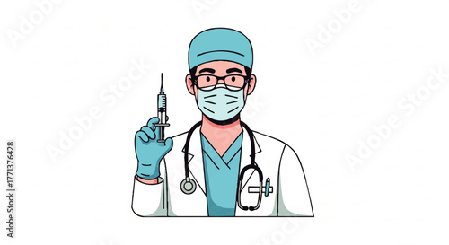 Illustration of a medical professional wearing protective gear holding a syringe against a clean white background.