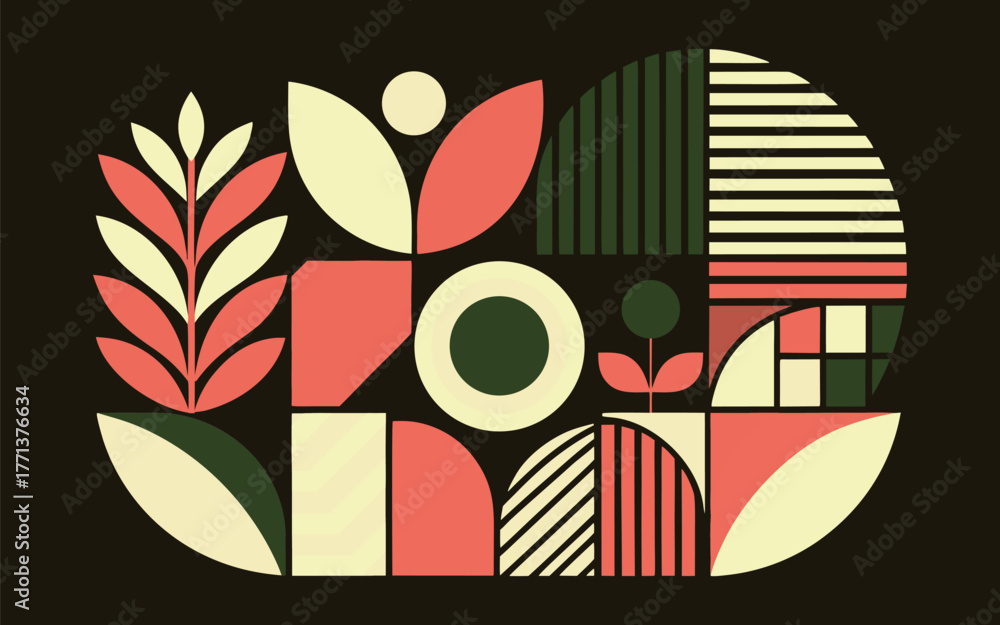 Fototapeta premium A striking vector design featuring a dynamic arrangement of geometric shapes and lines, utilizing a full spectrum of CMYK and primary colors.