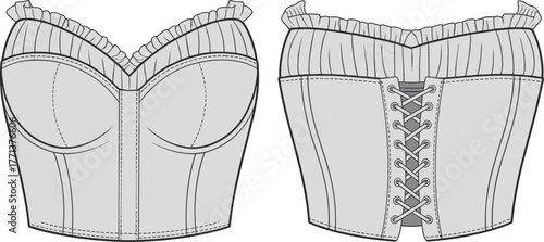 Ruffle corset top mockup, sweetheart lace up bustier template, women crop top fashion flat vector front back garment design