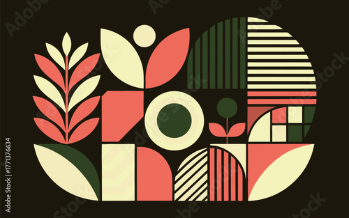 A striking vector design featuring a dynamic arrangement of geometric shapes and lines, utilizing a full spectrum of CMYK and primary colors.