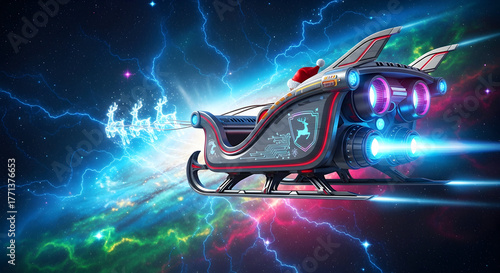 Futuristic Sleigh Flying Through Space with Glowing Reindeer and a Holiday Hat