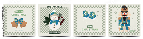 Sustainable Christmas Square Card Set. Ethical bells, sustainable snowman, eco mittens, and festive nutcracker character, perfect for holiday awareness. Green christmas.Flat style. Vector illustration