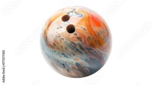 A marbled bowling ball close up on transparent background