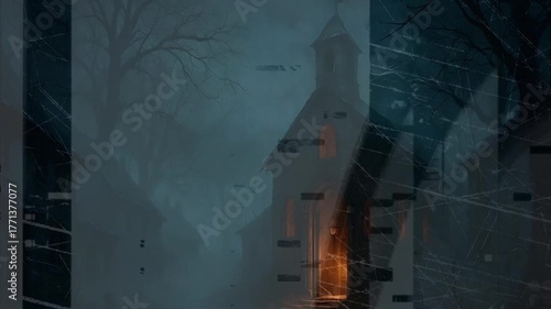 Haunted church during a dark and stormy night with lightning