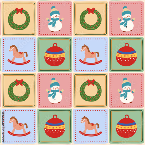 Seamless pattern with a Christmas wreath, snowman, rocking horse, and ornament. A festive design element for holiday decor or fabric print.