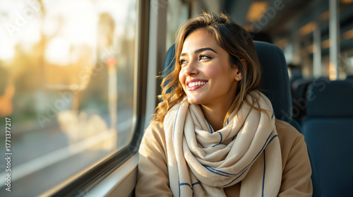 Mujer hispana joven y bonita viajando sola en tren mirando por la ventana con una sonrisa