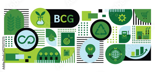 BCG concept for sustainable economy development. Bioeconomy, circular economy, green economy with icons for web banner background template. Environment eco friendly. Vector illustrator flat design.