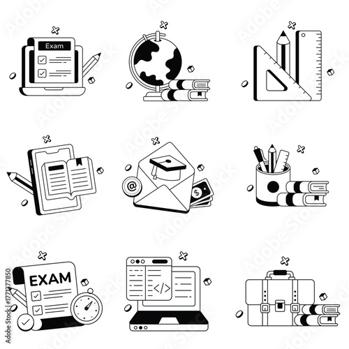 Student Knowledge, Exam Preparation, And Global Learning Process With Digital Study Equipment Vector Icons Set 3