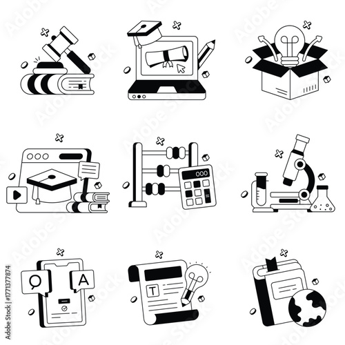 Interactive Study Materials, Online Courses, And Knowledge Development For School Students Vector Icons Set 5