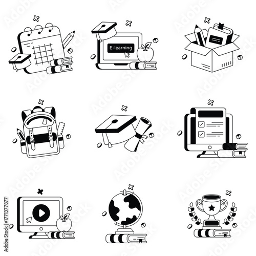 Modern School Learning And Educational Growth With Books, Certificates, And Online Study Tools Vector Icons Set 1