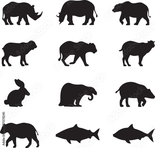Assortment of Animal Silhouettes Including Rhinoceros Bear Tiger Rabbit and Shark Keywords: rhinoceros bear tiger rabbit shark silhouette animal wildlife collection graphic icon set vector