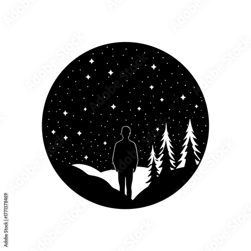 Silhouette of a person gazing at a starry night sky in a forest