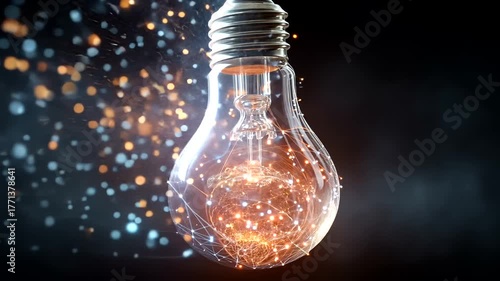Creative Digital Illustration of Light Bulb with Sparkling Particles and Network Connections