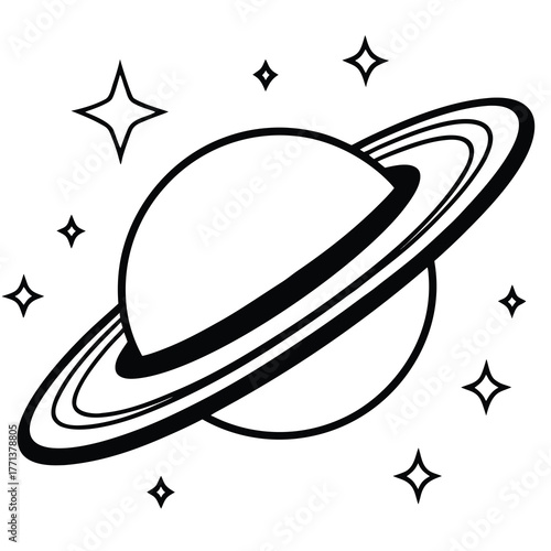 An outline drawing of Saturn, complete with rings, surrounded by stars. The cartoonish design is likely intended for a child's use.

