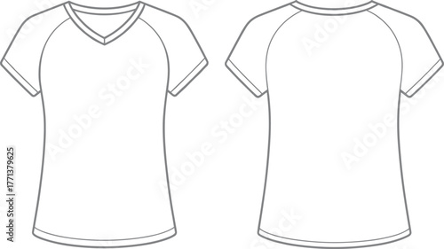 Women t shirt mockup vector front and back, v neck and crew neck short sleeve flat sketch, female fitted tshirt cad template fashion design illustration