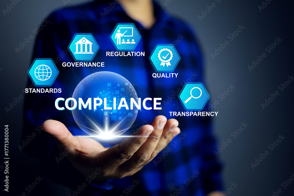 Fototapeta premium compliance concept with businessman holding the infographic represent to standards implemented to business meet a requirement of country regulation