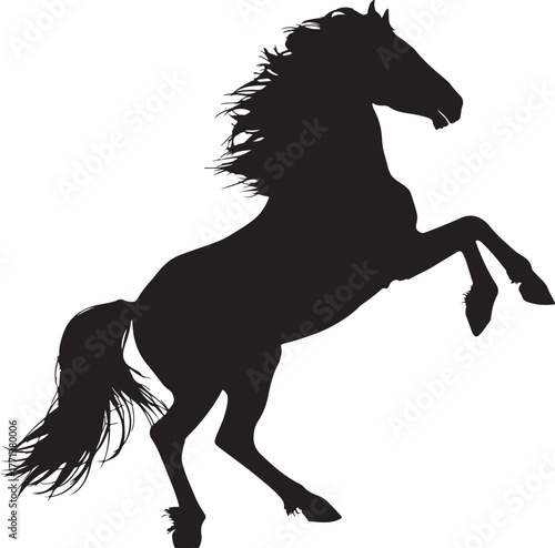 Silhouette of a black horse rearing up on its hind legs with a flowing mane and tail on a white background