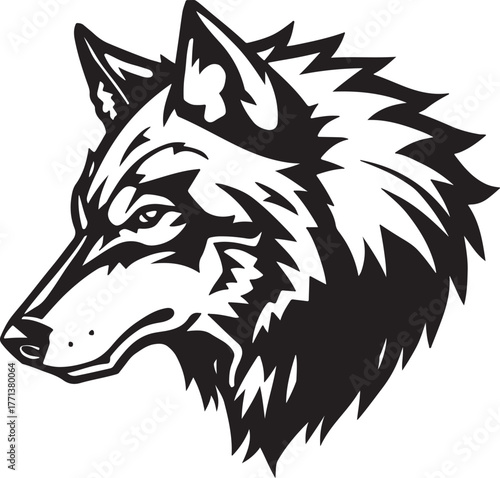 Stylized black and white illustration of a wolf's head in profile with intense eyes and a detailed mane