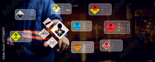 Fotografie banner of dangerous substance warning concept with safety staff pointing on haza