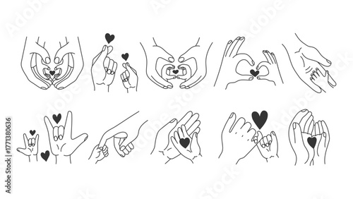 Parent and Child Love Hands Set. Outline Sketch Gestures collection showing Family bond between adult and kid baby heart. Father and Mother day vector illustration.
