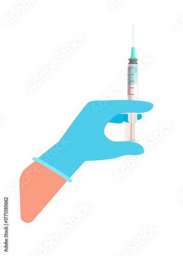 Hand in medical gloves holding a syringe stock illustration