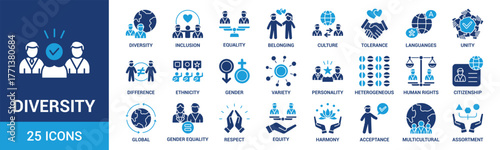 Diversity icon set. Containing equality, culture, languages, tolerance, difference, belonging, human rights and ethnicity icons. Solid icon collection. Vector illustration.