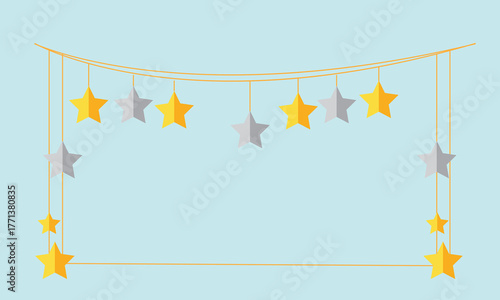 Golden and Silver Hanging Stars Frame on Light Background