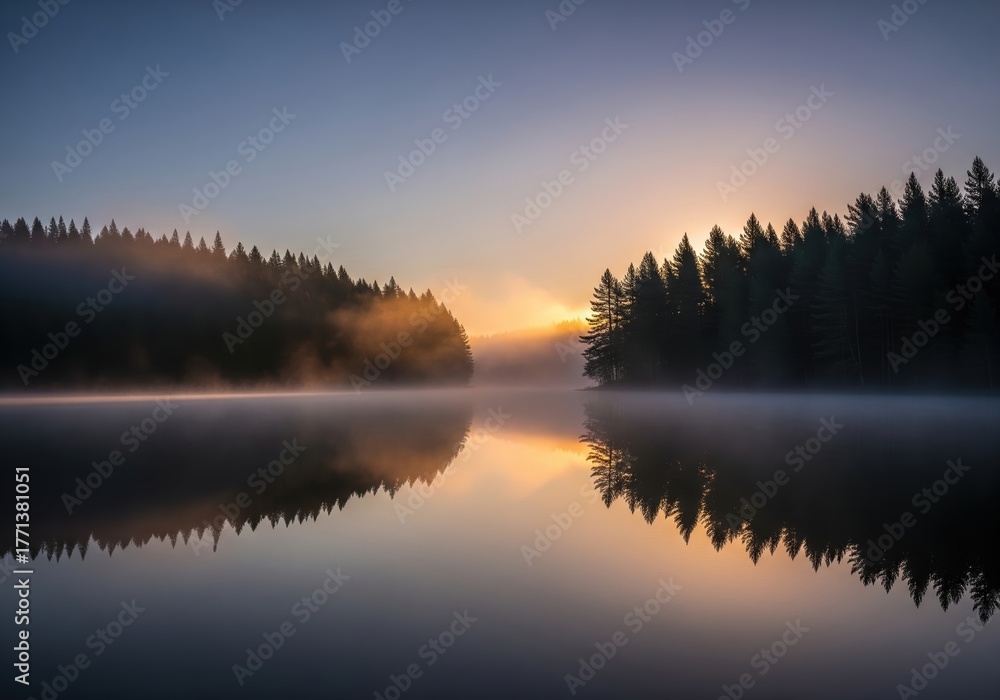 Obraz premium Lake Reflection Dawn Light Through Forest on Tranquil Water Surface