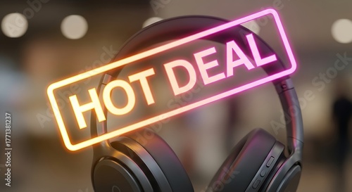 Stylish modern headphones are displayed with a glowing neon 'HOT DEAL' sign superimposed.