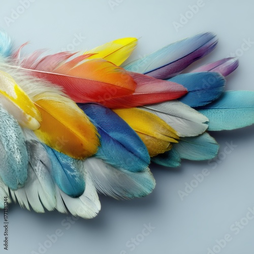 Vibrant collection of colorful bird feathers arranged on a soft blue background
