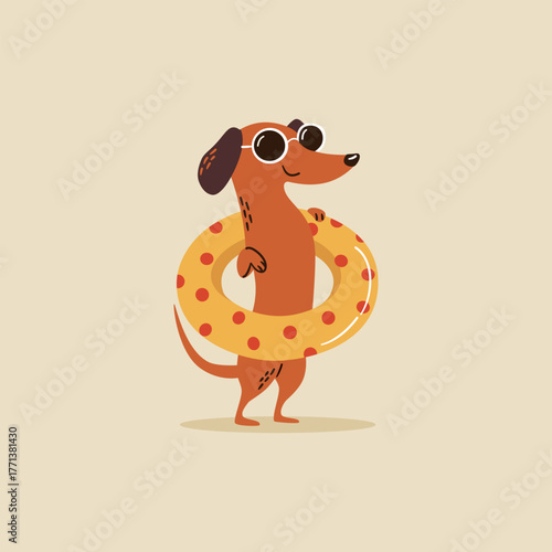 A cute dachshund stands on two legs wearing sunglasses and holding an inflatable swimming ring. Flat vector illustration in a simple children's style. . Vector illustration